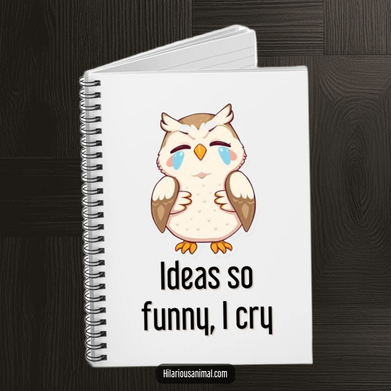 Funny notebook cover showing an owl clutching its stomach, tears streaming with laughter, a great funny gift.