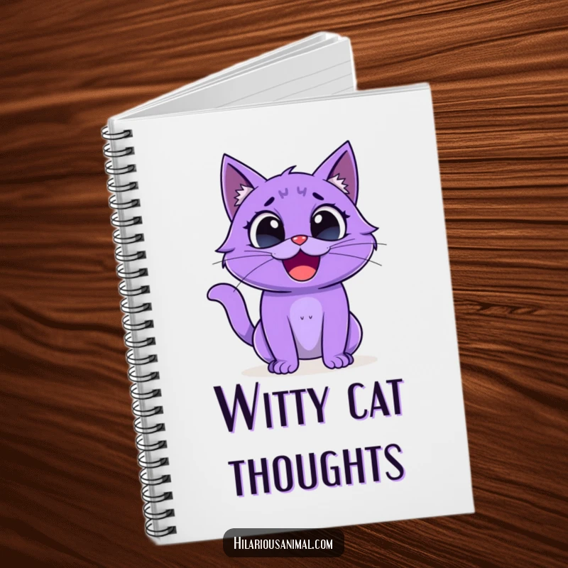 Funny purple cat notebook, creature with wide eyes laughing hysterically, ideal for writing and doodling.