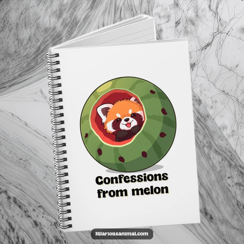 Funny red panda notebook, a red panda comically stuck headfirst in a giant hollowed-out watermelon, encouraging playful notes and creative brainstorming.