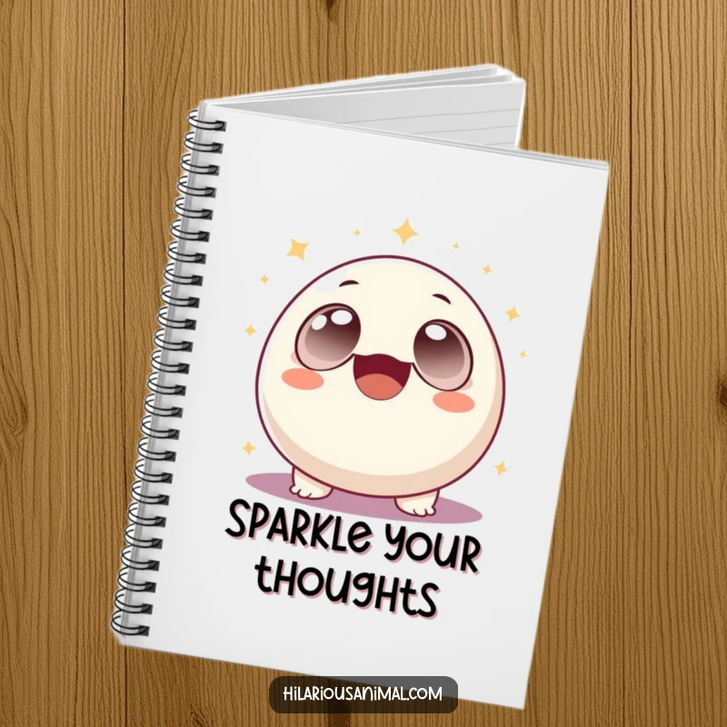 Funny round creature with large eyes uncontrollably laughing with sparkles around it, on a notebook cover, a funny and useful gift.
