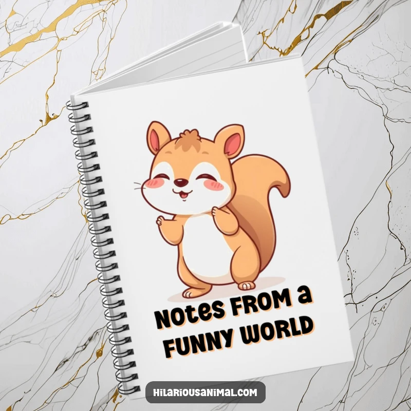 Funny notebook cover with a cheerful squirrel shaking with silent, joyful laughter, a creative funny gift.
