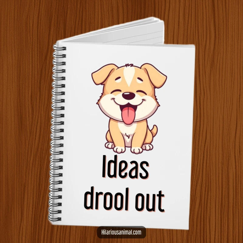 Funny dog notebook with a giggling puppy on the cover, tongue lolling out, panting playfully, ready to capture your brilliant ideas.