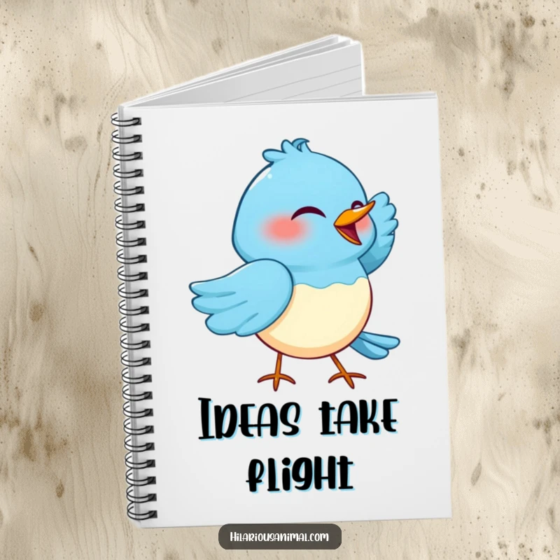 Funny notebook with a blue bird cackling with one wing tucked under its head, ideal for jotting down humorous thoughts.