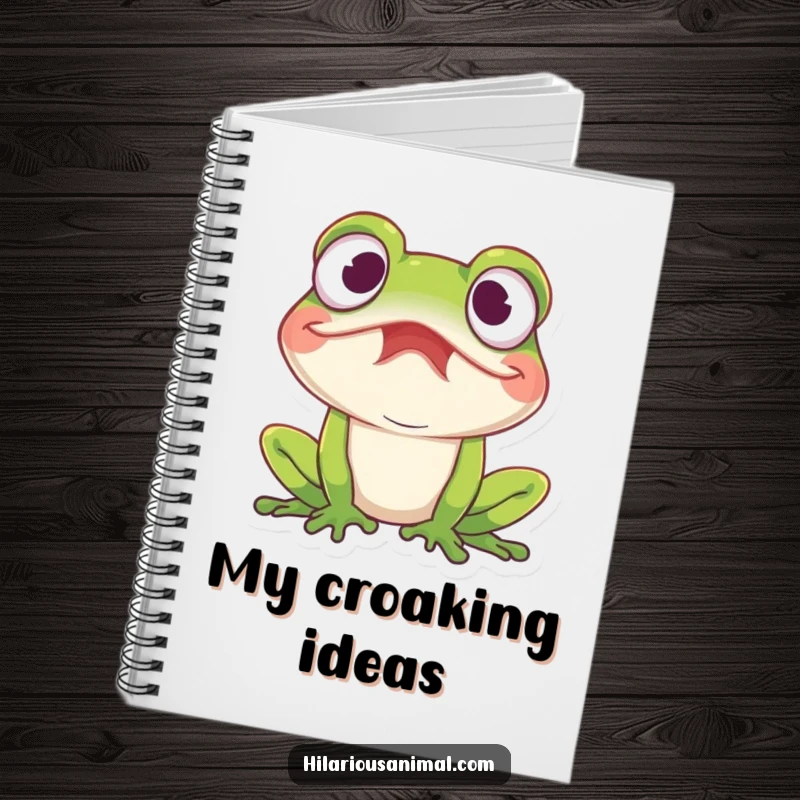 Funny amused frog notebook featuring a frog with wide eyes caught in a fit of mirth, great for jotting funny ideas