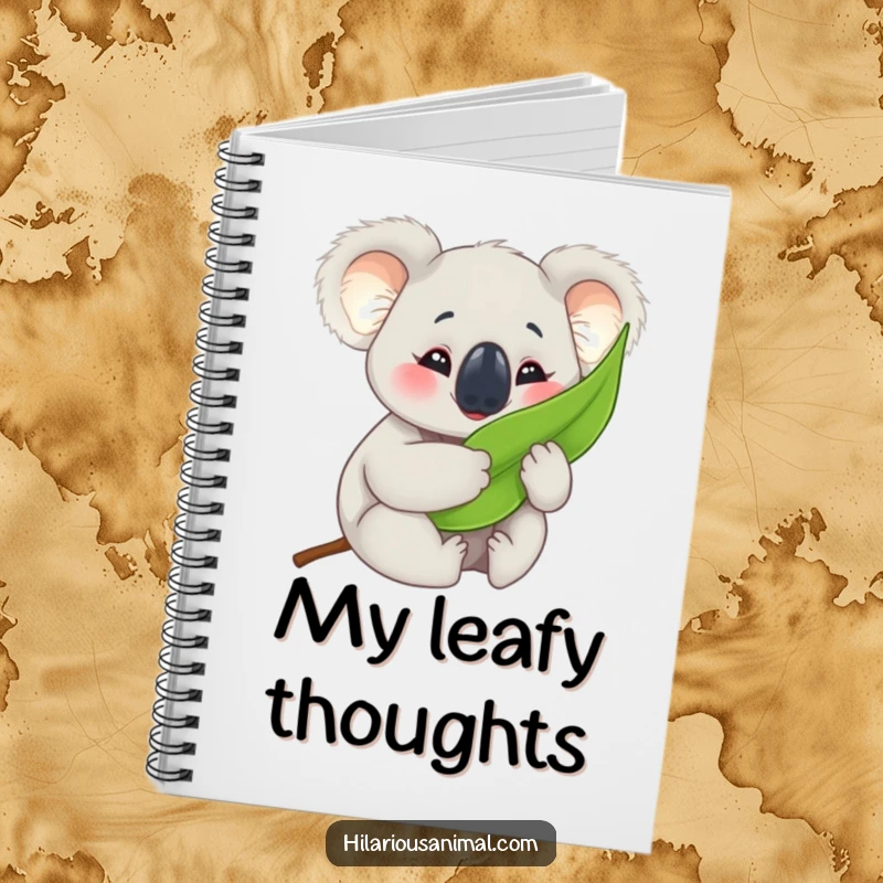 Funny koala cub notebook, hugging a eucalyptus leaf with crinkled eyes, perfect for documenting happy thoughts.