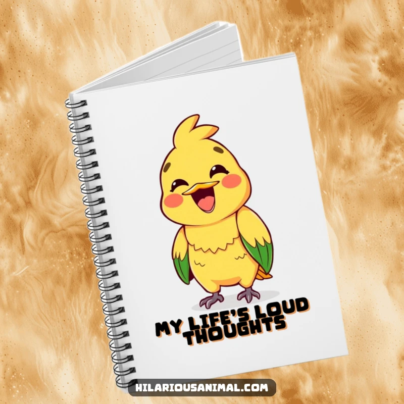 Funny notebook cover featuring a brightly colored parrot mid-squawk with a wide, ecstatic grin.