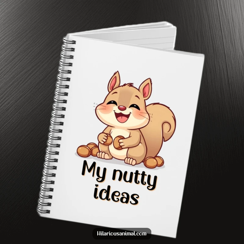 Funny laughing squirrel notebook with bulging cheeks, spiral-bound with lined pages, features a nut-hoarding creature, perfect for journaling and notes.