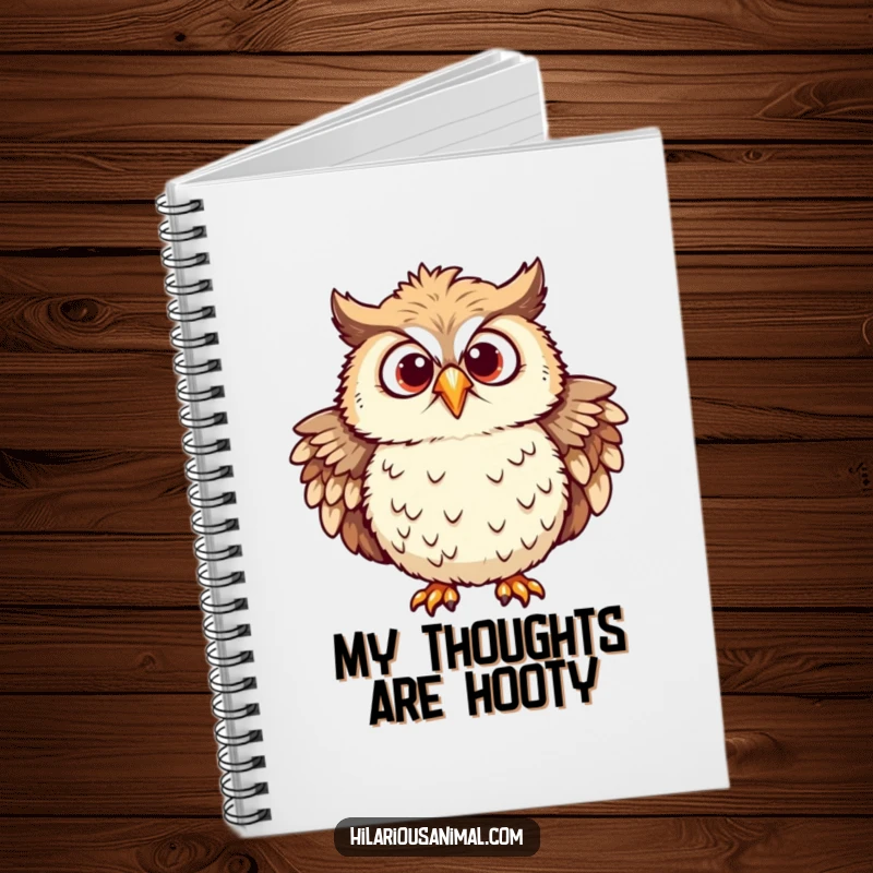 Funny owl notebook showing a chuckling owl with ruffled feathers and eyes wide with mirth.