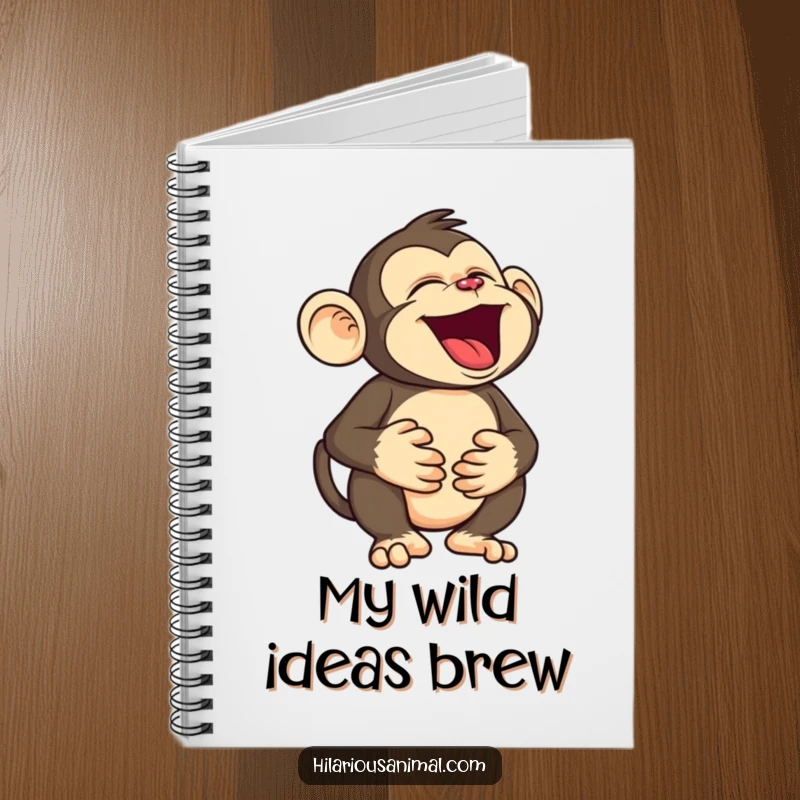 Funny monkey notebook featuring a silly character holding its belly, roaring with laughter, perfect for jotting notes with a humorous and playful primate touch.
