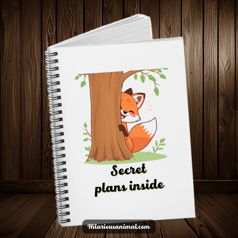 Funny notebook cover with a red fox playfully giggling while peeking from behind a tree, a creative funny gift.