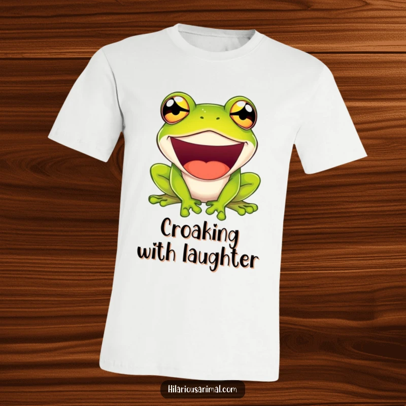Funny t-shirt of a green frog laughing so hard its eyes bulge comically, capturing extreme amusement.