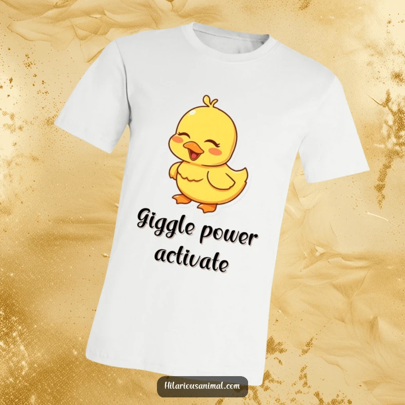 Funny yellow duckling t-shirt, eyes squeezed shut in a giggle, showcasing pure, adorable joy.