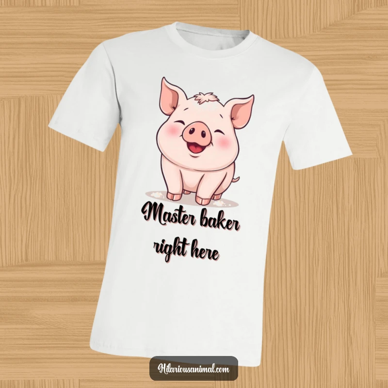 Funny piglet t-shirt, a round piglet snorting with pure delight, dusted playfully with flour, exuding happiness and messy charm.