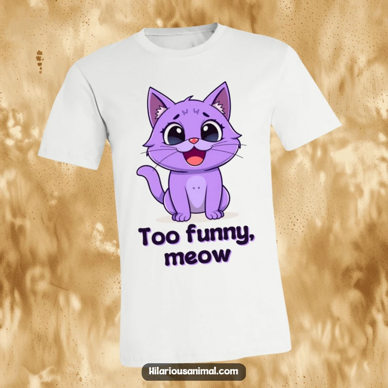 Funny purple cat t-shirt, creature with wide eyes laughing hysterically, perfect for comedy lovers.
