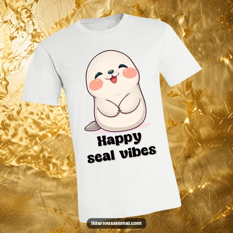Funny Seal Cub T-Shirt: A happy, plump seal cub giggling heartily while holding its belly, brimming with amusement.