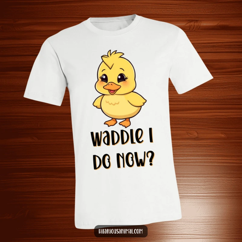 Funny wobbly duckling t-shirt, a character quacking with infectious amusement, showcasing a delightful, clumsy, and happy vibe for a humorous gift.
