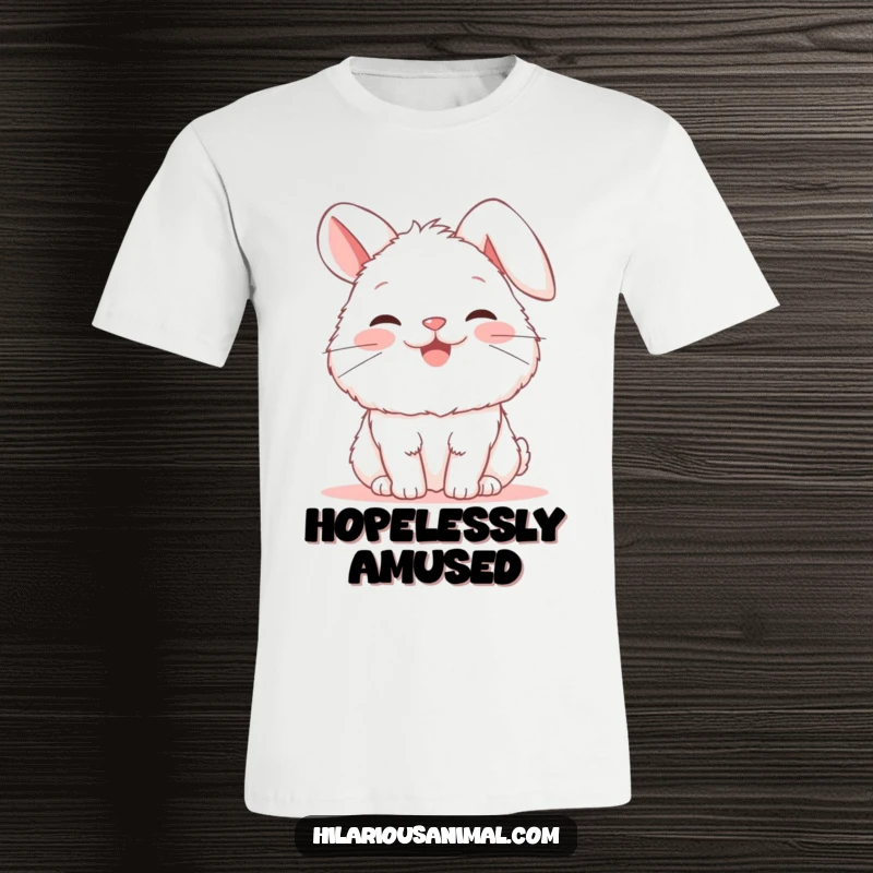 Funny fluffy bunny t-shirt, a white rabbit snorting with uncontainable glee, ears flopped, radiating pure happiness and fun.