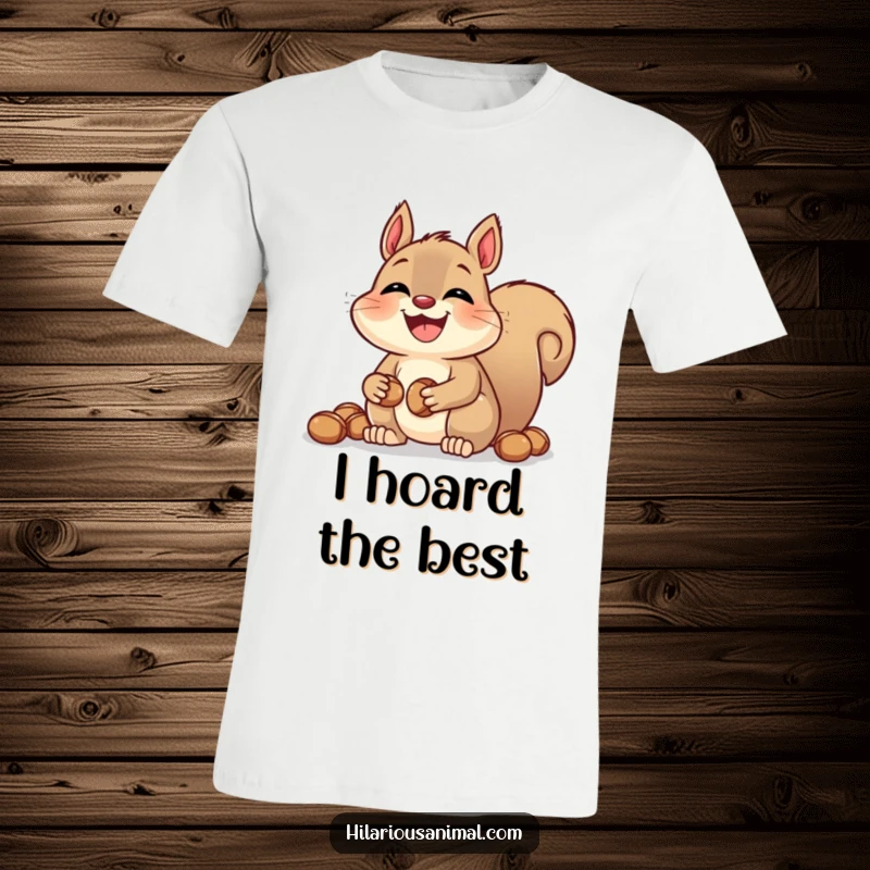 Funny laughing squirrel t-shirt with stuffed cheeks, hoarding nuts, conveying playful abundance, great for casual wear and nature lovers.