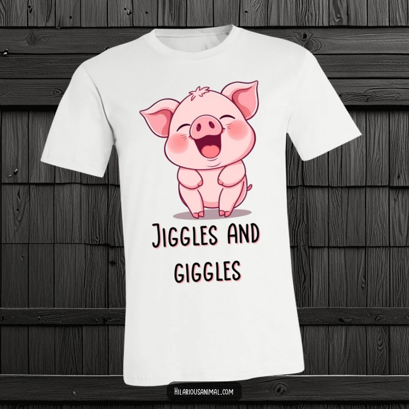 Funny pink piglet t-shirt, its entire body shaking and jiggling with hearty guffaws and infectious mirth.