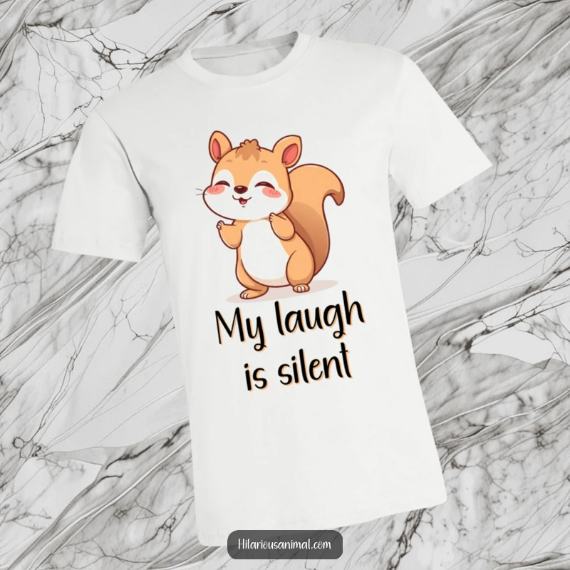 Funny t-shirt with a cheerful squirrel shaking with silent, joyful laughter, a heartwarming funny gift.
