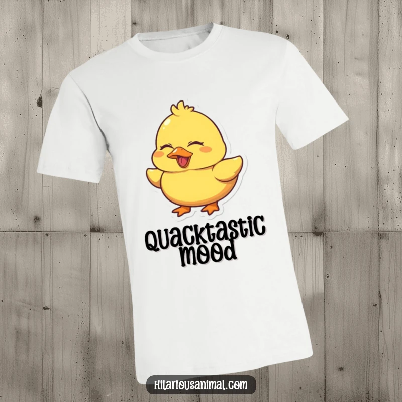 Funny Duck Quacking T-shirt featuring a chubby yellow duck laughing hysterically with eyes squeezed shut, embodying contagious joy.