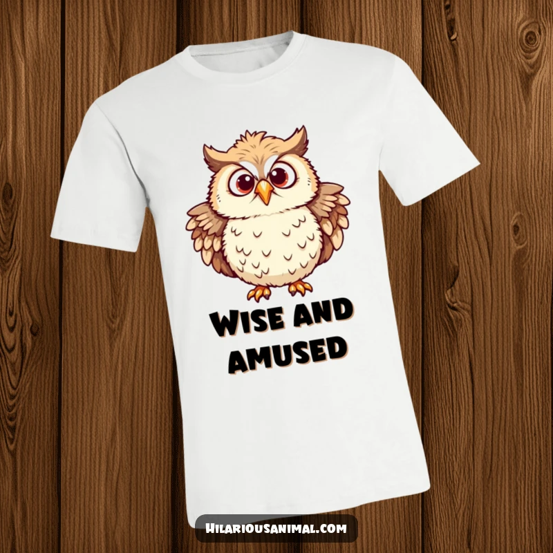 Funny owl t-shirt featuring a chuckling owl with ruffled feathers and eyes wide with mirth, looking truly amused.
