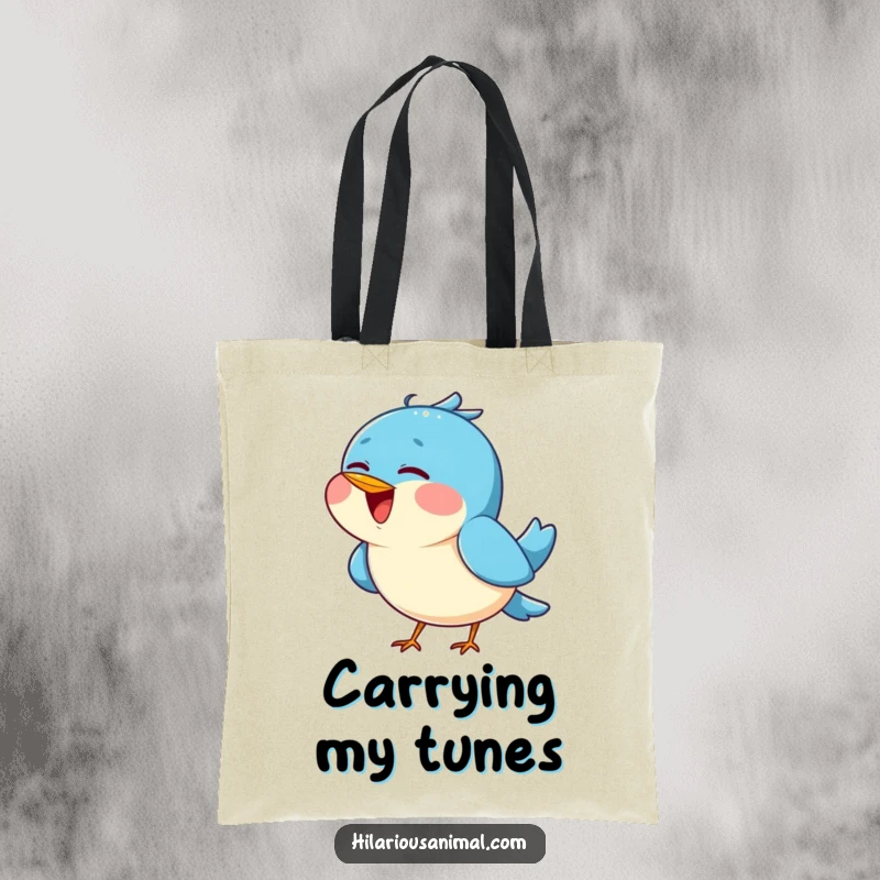 Funny Blue Bird Chirping Tote Bag - A durable tote featuring a cheerful blue bird tilting its head back, singing joyfully, great for shopping.
