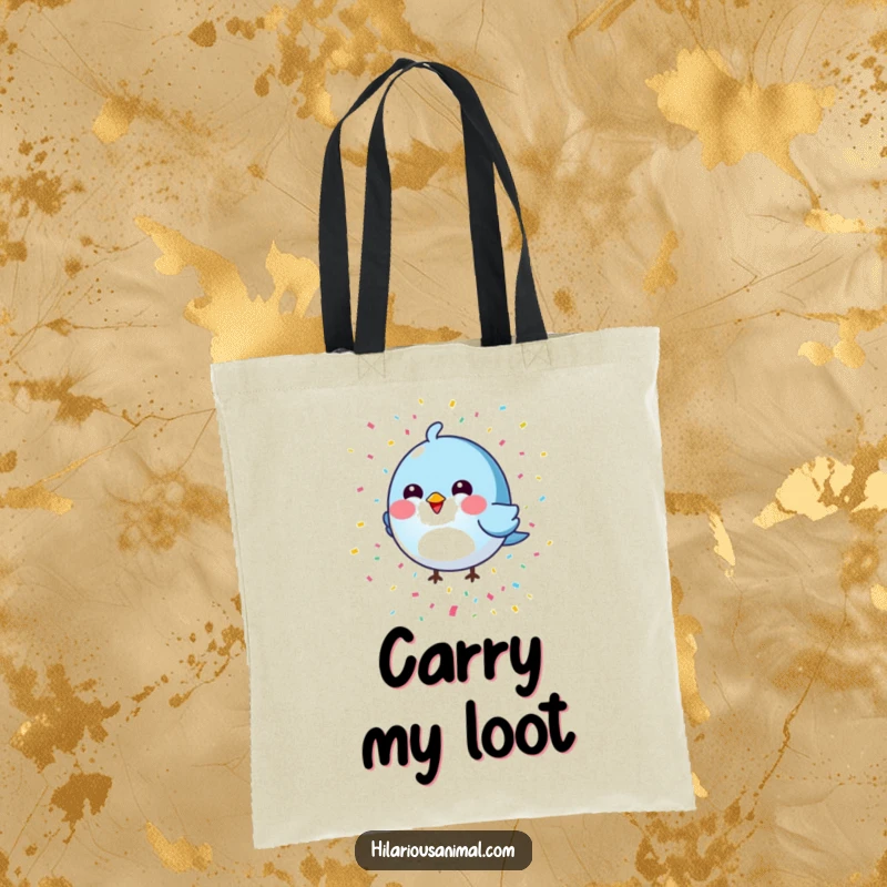 Funny round blue bird tote bag with a colorful confetti shower, a practical and humorous accessory for celebrations.