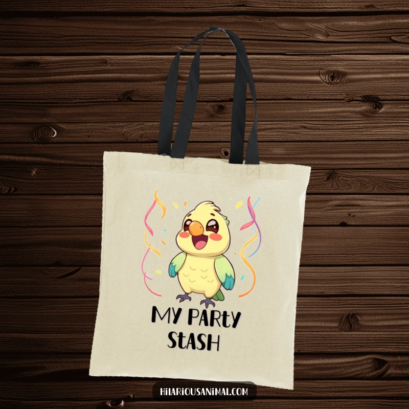 Funny joyful parrot with bright eyes chuckling, surrounded by streamers, on a tote bag, a festive and funny gift.