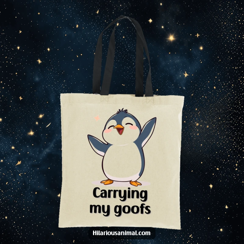 Funny clumsy penguin tote bag with a penguin flapping flippers uncontrollably while chuckling, a whimsical and amusing design