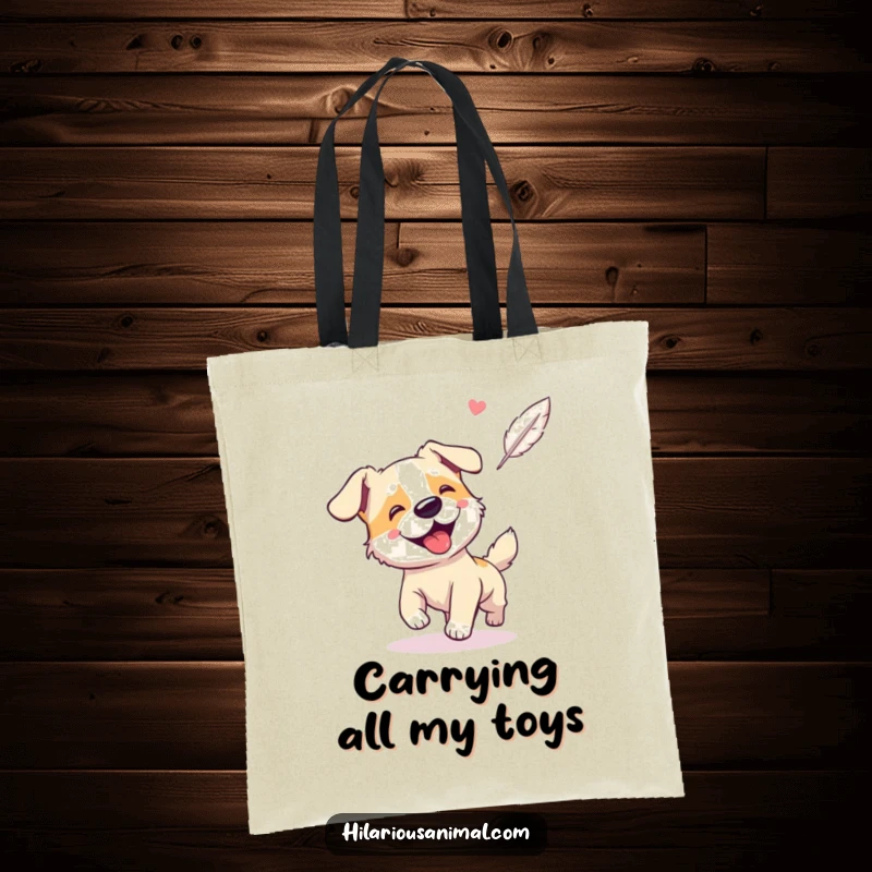 Funny tote bag featuring a giggling, panting dog in full pursuit of a floating feather.