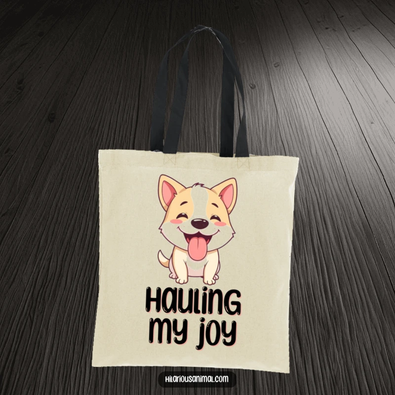 Funny dog tote bag with a happy dog panting, tongue out, mid-chuckle, a practical and amusing accessory.