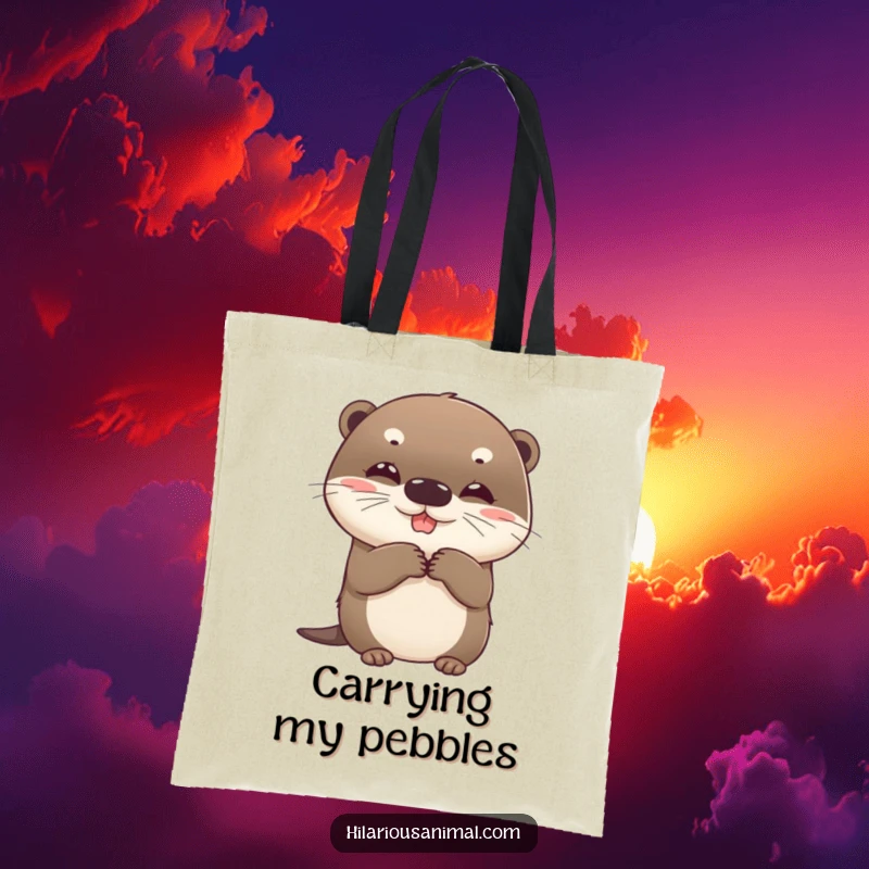 Funny otter tote bag, showcasing a beaming round cub clutching sides with suppressed giggles, a durable accessory.