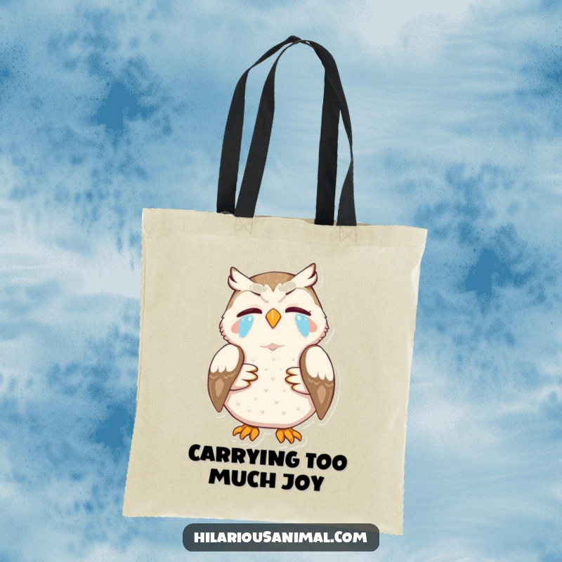 Funny tote bag featuring an owl clutching its sides, tears streaming from laughter, excellent for a funny gift.