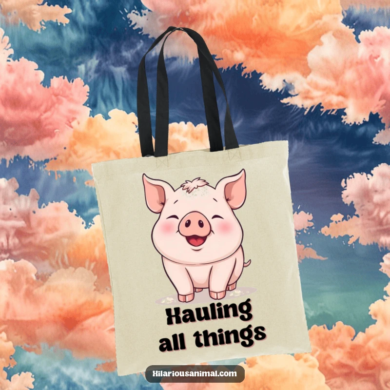 Funny piglet tote bag, a plump piglet snorting with delight, dusted with flour, ready for grocery runs and baking adventures.