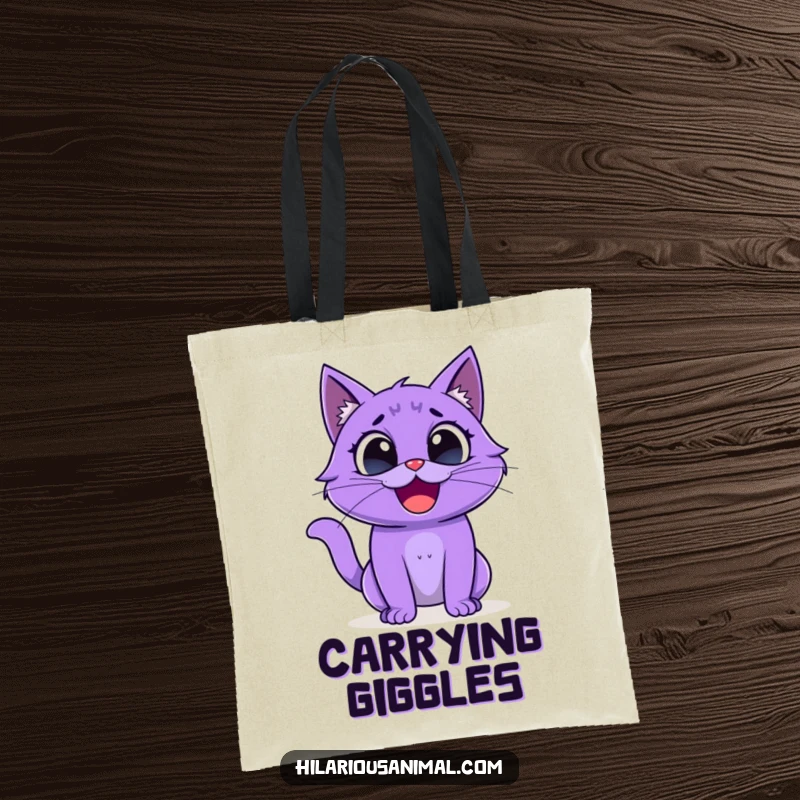 Funny purple cat tote bag, creature with wide eyes laughing uncontrollably, practical and cute.