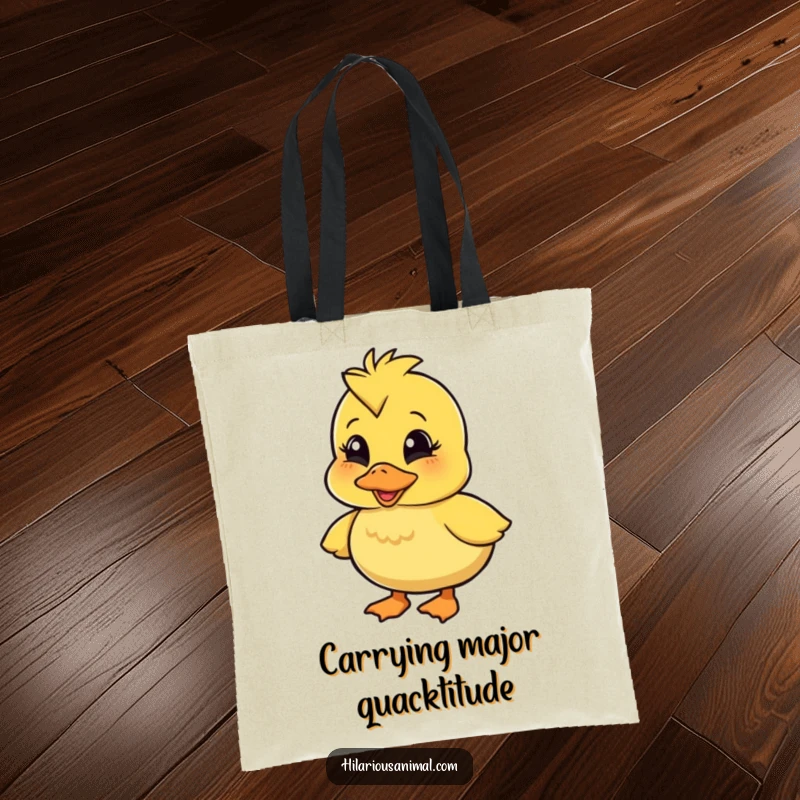 Funny wobbly duckling tote bag showing a character quacking with amusement, perfect for carrying daily items with a dose of adorable, humorous charm.