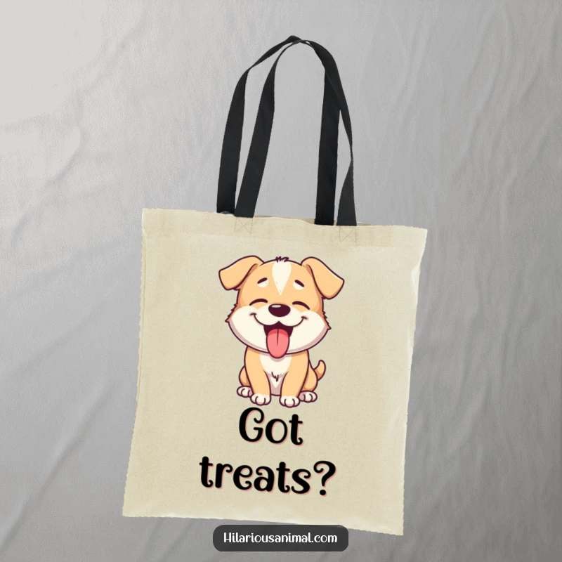 Funny dog tote bag showcasing a giggling puppy with its tongue lolling out, panting with delight, a companion for all your adventures.