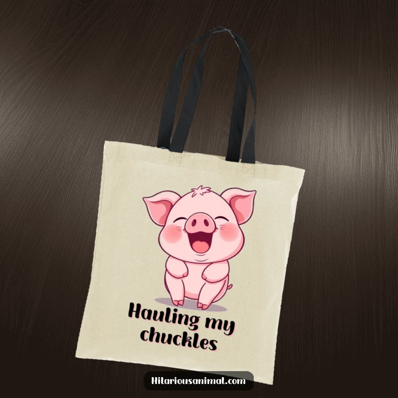 Funny pink piglet tote bag, its whole body jiggling with hearty guffaws, ready to carry your items with a smile.