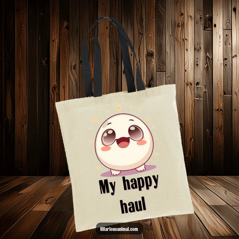 Funny round creature with huge eyes laughing uncontrollably, surrounded by shimmering sparkles, on a tote bag, a practical funny gift.