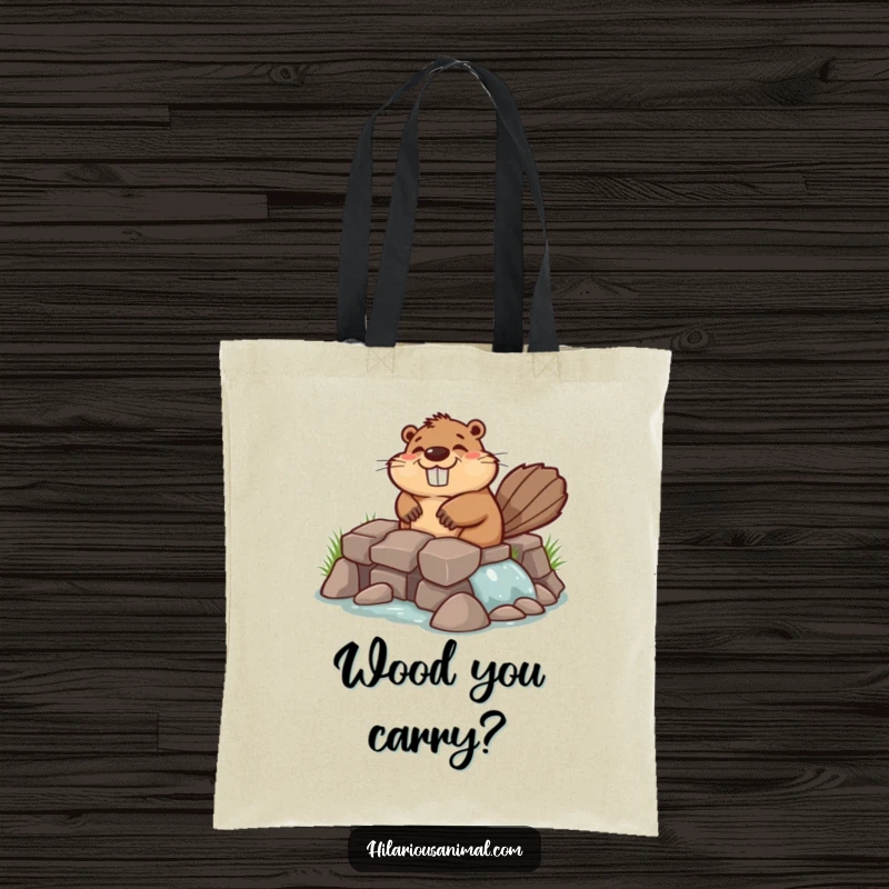 Funny chuckling beaver tote bag with a beaver industriously building a lopsided dam, carrying your stuff with a smile.
